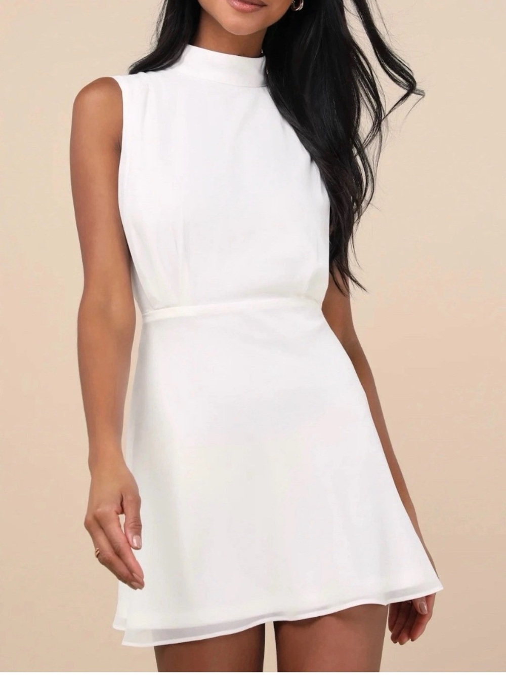 Lulus Classic Elegance White Chiffon Sleeveless Mock Neck Mini Dress NWT